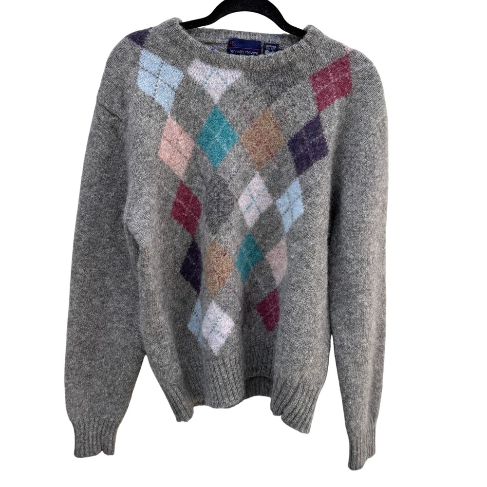 Kenneth Stevens Shetland Wool Argyle Sweater XL Gray Purple Teal Diamond VTG